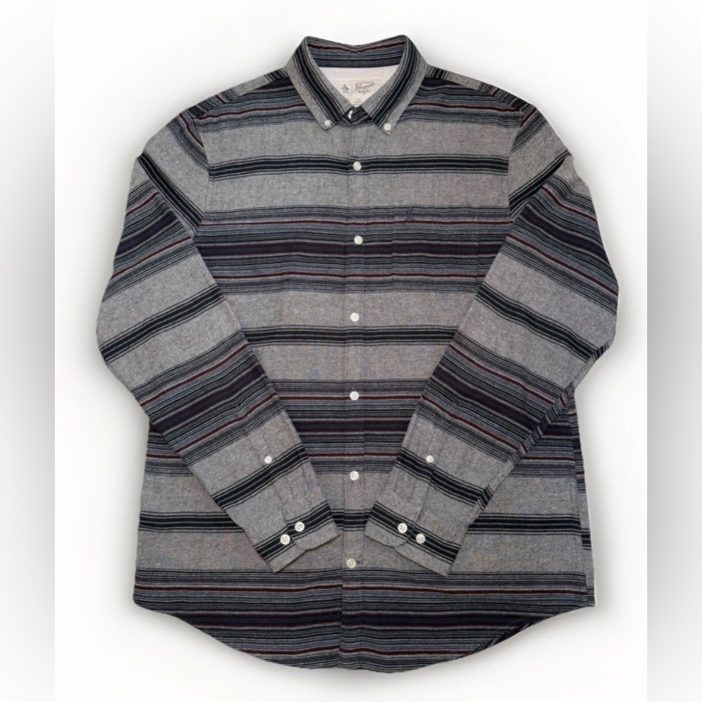 Original Penguin Munsingwear Long Sleeve Cotton Button Down Gray Blue Shirt L